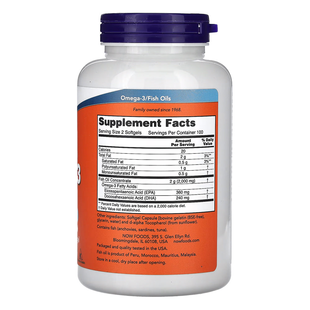 NOW Foods, Omega-3 Fish Oil, 1,000 mg, 180 EPA - 120 DHA, 200 Softgels